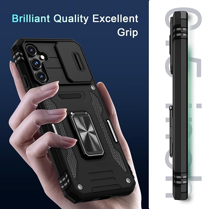 DEERLAMN Case for Samsung Galaxy S23 FE 6.4-Inch with Slide Camera Cover+Screen Protector(1 Pack),Rotated Ring Kickstand Military Grade Shockproof Protective Cover-Black
