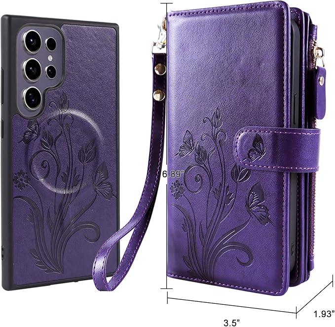 Lacass for Samsung Galaxy S24 Ultra Case Wallet,Compatible with MagSafe 2 in 1 Magnetic Detachable PU Leather RFID Blocking Wallet Cover Card Holder Zipper Wrist Strap Lanyard,Floral Purple