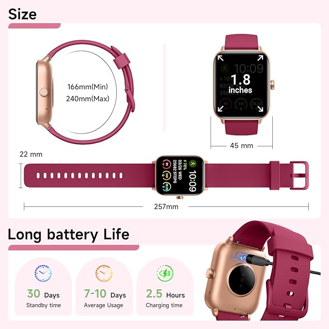 Smart Watches for Women Android & iPhone, Alexa Built-in, 1.85" Fitness Tracker with Answer/Make Calls, IP68 Waterproof Fitness Watch,Heart Rate, Sleep, SpO2 Monitor,Pedometer, Red