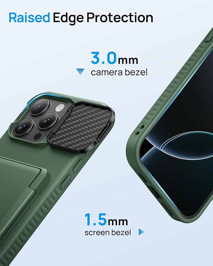 for iPhone 16 Pro Case with Card Holder & Camera Cover & Adjustable Kickstand, Military Grade Drop Tested Soft Silicone Edge Rugged Protective Wallet Phone Case for iPhone 16 Pro, Green