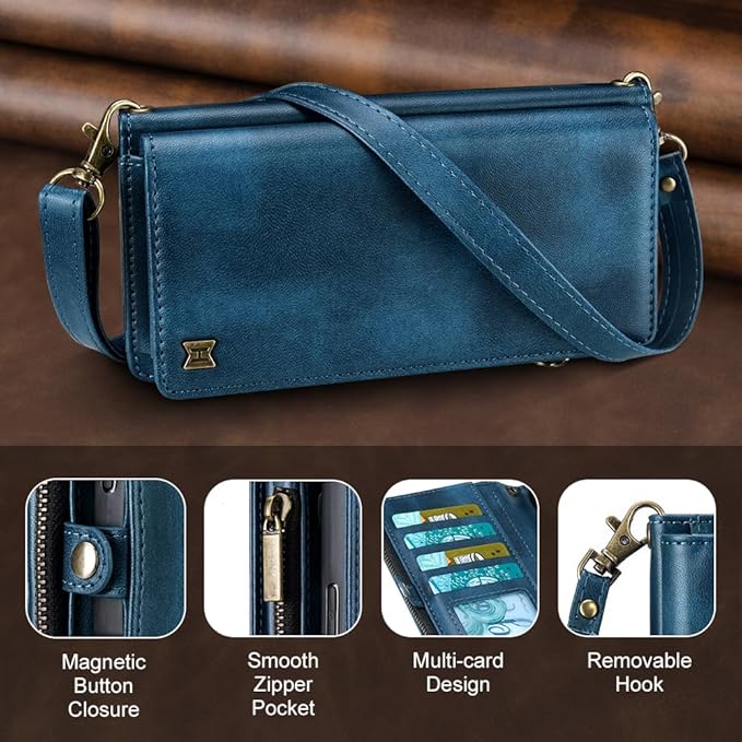 for iPhone 17 Pro Wallet Phone Case with 7 Card Holder,RFID Blocking | PU Leather | Kickstand | Flip | Wrist Strap&Shoulder Strap | Shockproof | Zipper Wallet | Women Men | 6.3" | Blue