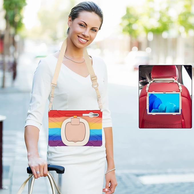 360 Rotation Portable Case for Galaxy Tab S8+/S7 FE/S7+ 12.4 Inch Case with S Pen Holder Rugged Case Rotating Stand Hand Strap Shoulder Carrying Strap Outdoor Cover (Colourful Red)