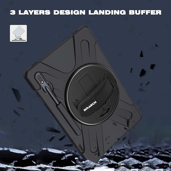 BRAECN for Samsung Galaxy Tab S10 Plus Case 2024/S9 Plus/S9 FE+/S8 Plus/S7 Plus /S7 FE 12.4 Inch,Heavy Duty Shockproof Case with S Pen Holder&360 Rotating Hand Strap/Kickstand Shoulder Strap,Black