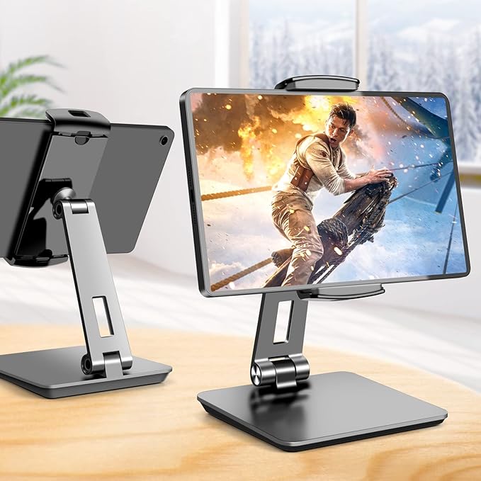 ROADOM Tablet Stand, Adjustable 360° Swivel Bracket, 180° Tiltable Clamp,Foldable Tablet Holder for 4.7-17.3'' iPhone/iPad/Tablet/Portable Monitor, Aluminum Alloy, Black