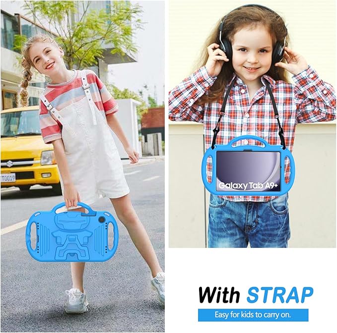 AVAWO Kids Case for Samsung Galaxy Tab A9+/A9 Plus 11 Inch 2023 Case, with Strap, Shockproof Lightweight Handle Stand 2023 Model (SM-X210/X216/X218) with Lanyard, Blue