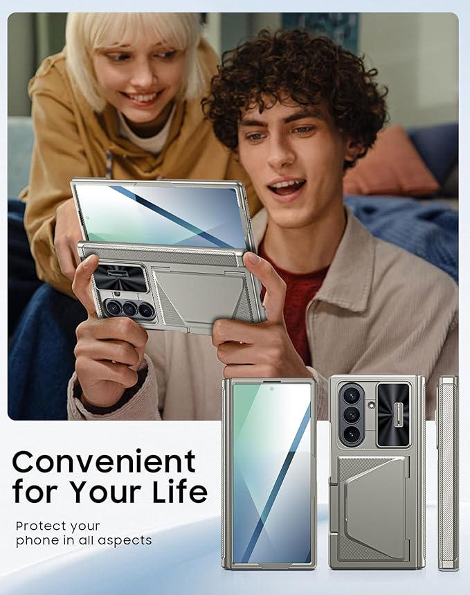 for Samsung Galaxy Z Fold 7 Case with Card Holder RFID Blocking, Built in Slide Lens Cover & Hinge Protection & Screen Protector, Shockproof Wallet Case for Z Fold 7 (Titanium Gold)