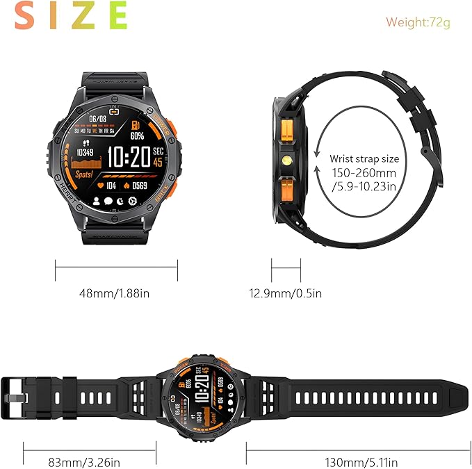 Military Smart Watch With GPS, 170+ Sport Modes Smartwatch with Heart Rate Monitor, Compass, Flashlight, GPS, Smart Watch for men,1.43" AMOLED Screen Bluetooth Call,Compatible iOS & Android (2 Bands)