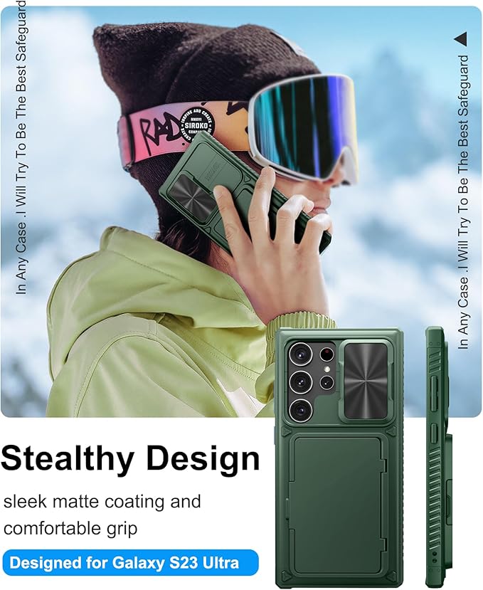 for Samsung Galaxy S23 Ultra Case with Card Holder (Store 4-5 Cards) & Kickstand & Slide Lens Cover, Military Grade Drop Protection, Rugged Silicone Wallet Case for Samsung S23 Ultra, Green