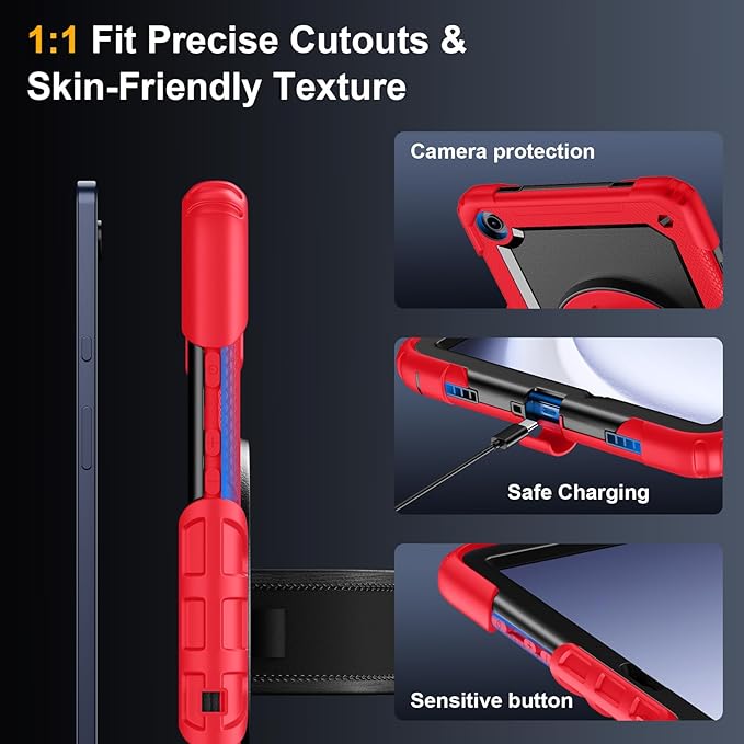 Case for Samsung Galaxy Tab A9+/A9 Plus 11 Inch 2023(SM-X210/X216/X218), Ubearkk Full-Body Drop Protection Case with Screen Protector, 360° Rotating Stand and Hand/Shoulder Strap, Red