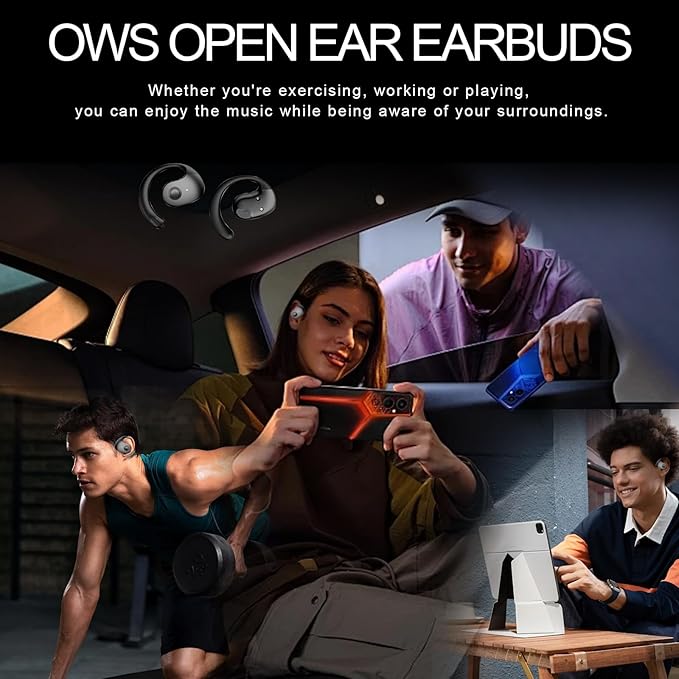 Open Ear Headphones Wireless Bluetooth 5.4, OWS Hanging Earphones Wireless Earbuds with Earhooks and Mic, IPX5 Waterproof, 48H Range, Out of Ear Earbuds for Sports Running Workout Driving(Black)