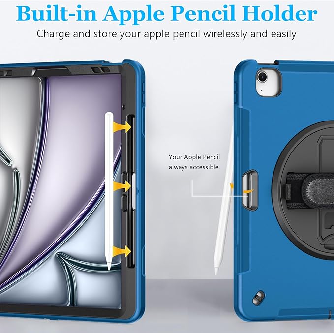 Case for iPad Air 13 Inch M3 2025 & M2 2024: Military Grade Cover for iPad Pro 12.9 6th/5th/4th/3rd Generation W/Screen Protector- Stand- Pencil Holder- Handle- Shoulder Strap- Blue