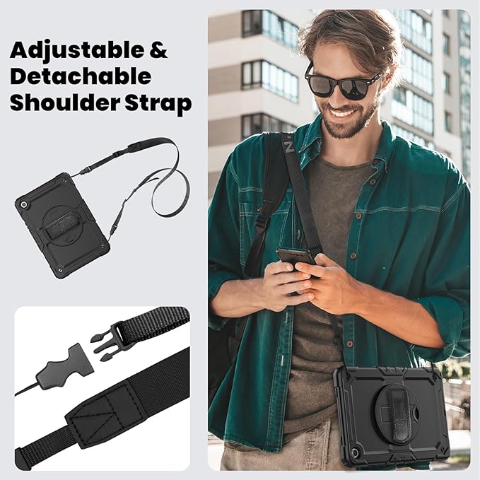 Case for Samsung Galaxy Tab A9+/ A9 Plus Case 11" 2023 (SM-X210/X216/X218), Heavy Duty Shockproof Protective Case with Screen Protector, Hand Strap, Shoulder Strap, 360° Rotating Stand Black
