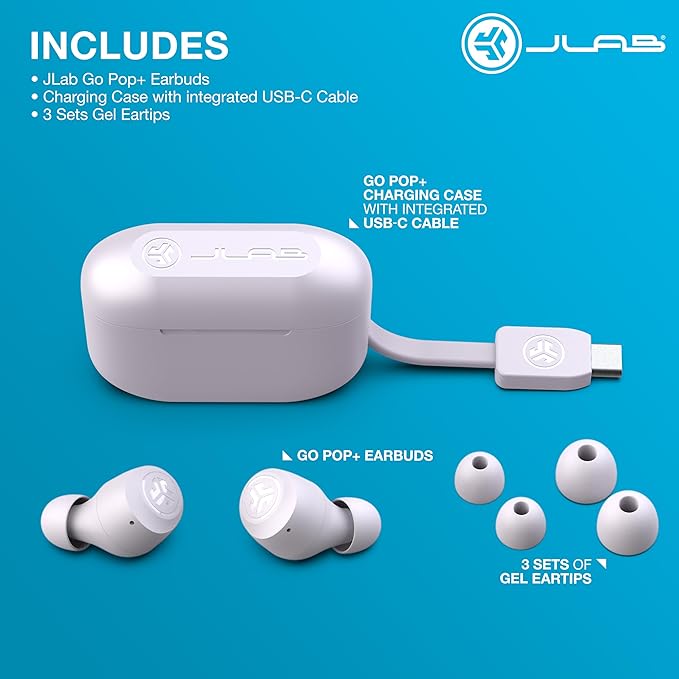 JLab Go Air Pop+ True Wireless Earbuds, in Ear Headphones, Bluetooth Earphones, 35H Playtime Ear Buds, Bluetooth Earbuds with Microphone, USB-C Charging Case, Dual Connect, EQ3 Sound, Lilac