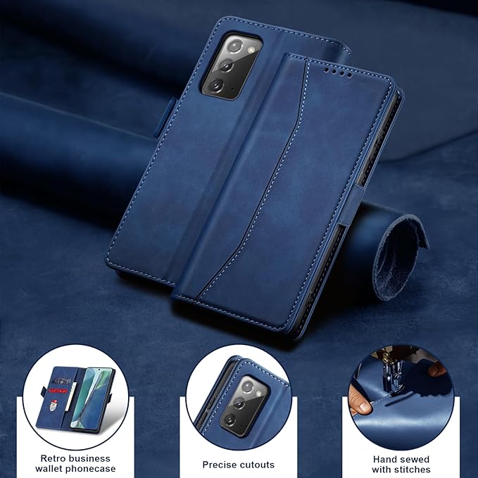 Jasonyu Flip Wallet Case for Samsung Galaxy Note 20,Leather Magnetic Folio Cover with Card Holder,Kickstand - TPU Shockproof Durable Protective Phone Case,Blue