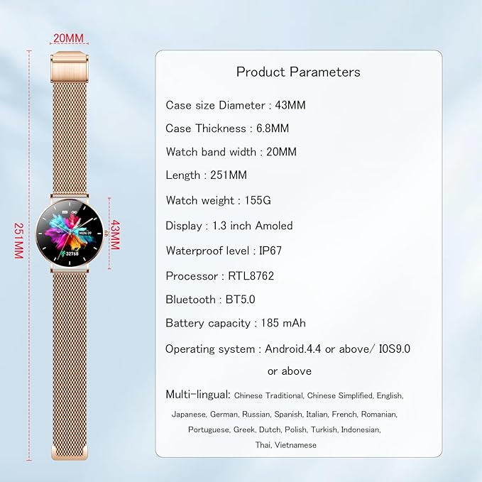 Smart Watch for Men and Women, 1.3 Inch Amoled HD Round Full Touch Screen Watch, Full Metal 6.8MM Ultra-Thin Case, Multiple Sports Modes, Compatible with Androidand iOS (Steel Gold)