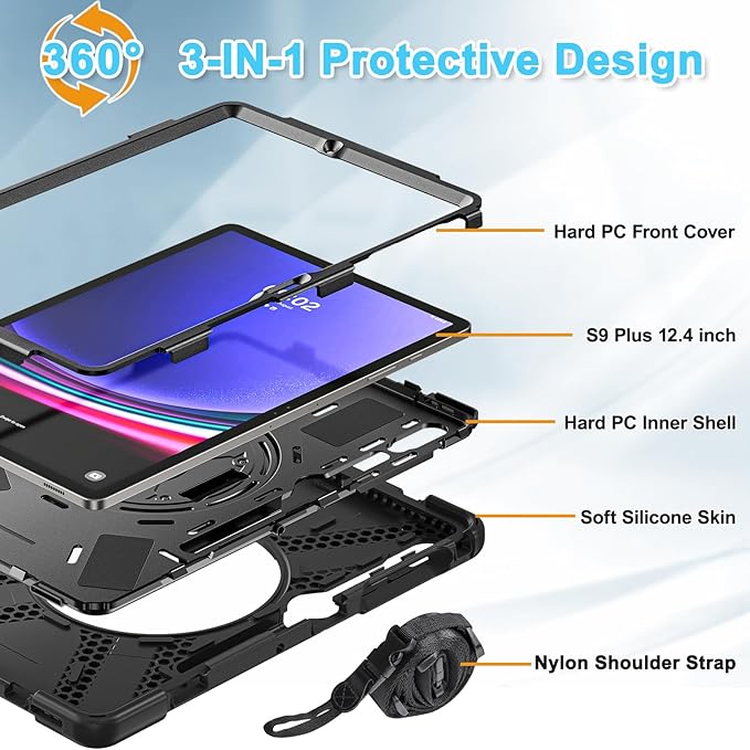 BRAECNstock for Samsung Galaxy Tab S10+ Plus/ S9 FE+ Plus/ S9+ Plus/ S8+ Plus/ S7 FE/ S7+ Plus 5G Tablet Case 12.4 inch Shockproof Protective Case with Pen Holder Rotating Stand & Hand Strap - Black