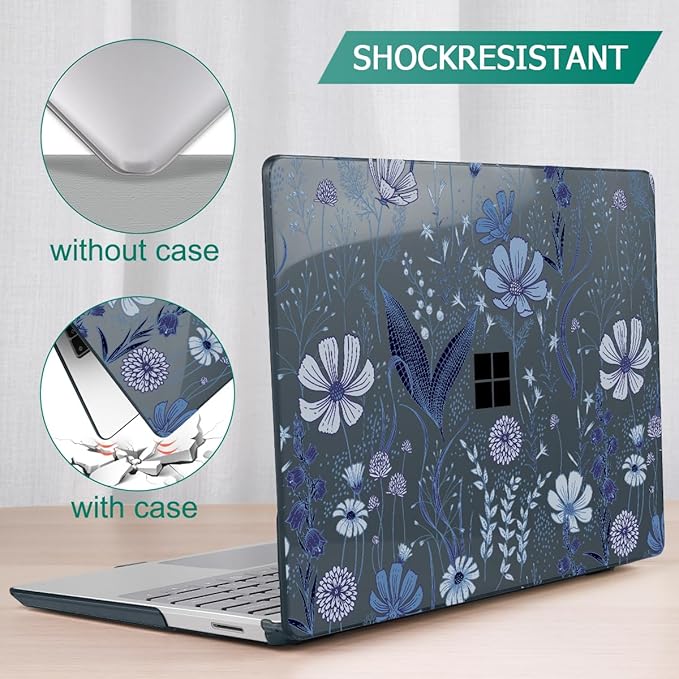 Tuiklol Case for 12.4 Inch Microsoft Surface Laptop Go 3/2 / 1 2023-2020 Releases, Plastic Hard Shell Case with Screen Protector and Keyborad Cover +Dust Plugs Model 2013/1943,Blue Line Floral