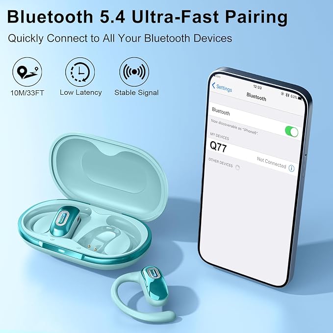 Open Ear Headphones, Bluetooth 5.4 Earbuds, 50H, Air Conduction Ear buds, HD Stereo Bass Over Ear Earphones with Earhooks, Ultra-Comfort Secure Fit, IPX7 Waterproof Headset for Working Sports, Blue