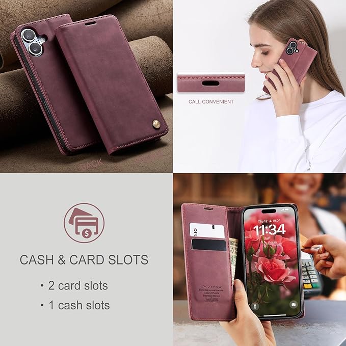 QLTYPRI for iPhone 16 Plus Case Wallet with Card Holder, Vintage PU Leather Kickstand Magnetic Closure Shockproof Folio Book Cover Case for iPhone 16 Plus - Wine Red