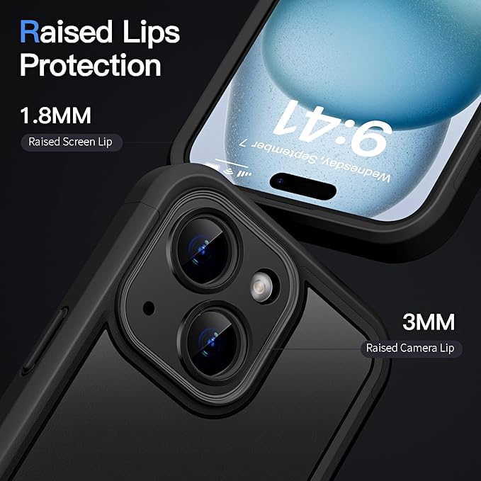 COOLQO Magnetic for iPhone 15 Case, Compatible with MagSafe, Dual Layer Design Military Grade Protection, Translucent Matte Scratch-Resistant Back Protective Shockproof Phone Case, Black