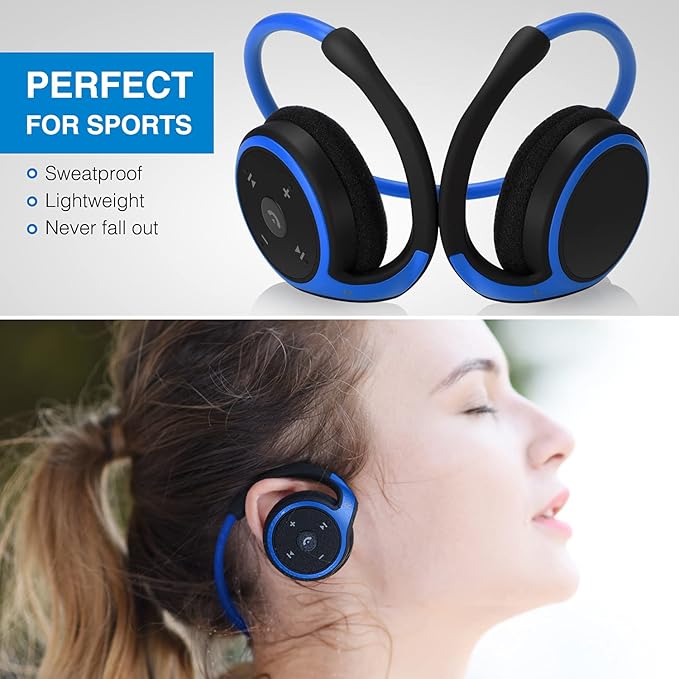 Small Bluetooth Headphones Wrap Around Head - Sports Wireless Headset with Built in Microphone and Crystal-Clear Sound, Foldable and Carried in The Purse, and 12-Hour Battery Life, Blue
