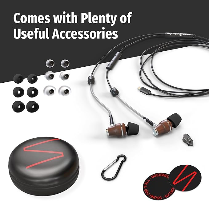 Symphonized Premium Wooden Airtube Headphones EMF Earbuds, 3D Sound, Microphone Volume Control, 8mm Bass Drivers Granting High Audio Quality MFI Certified ONLY for iPhone 11-14