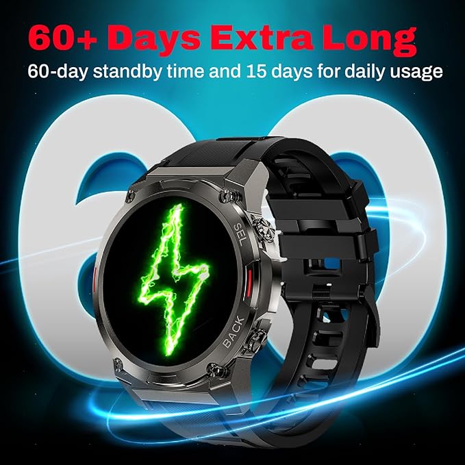 Smart Watch,1.43" AMOLED Display,70+ Days Battery Life,100+ Sports Modes Rugged Military Smartwatch for Android iPhone(Call Receive/Dial),100M Waterproof Fitness Tracker Heart Rate Monitor