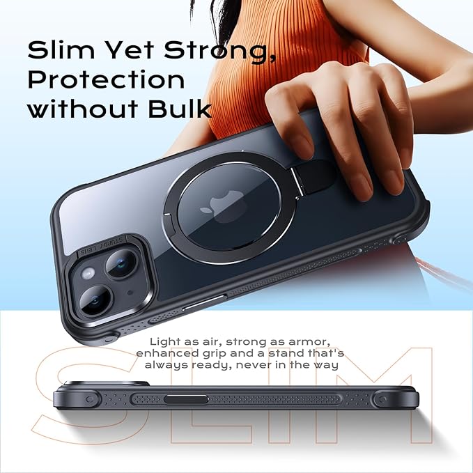 Anqrp O-Ring Magnetic Kickstand Clear Case for iPhone 14/13, Compatible with Mag-Safe, Military-Grade Reinforced 4-Corners Anti-Yellowing Transparent Phone Case Cover for iPhone 13/14, Black