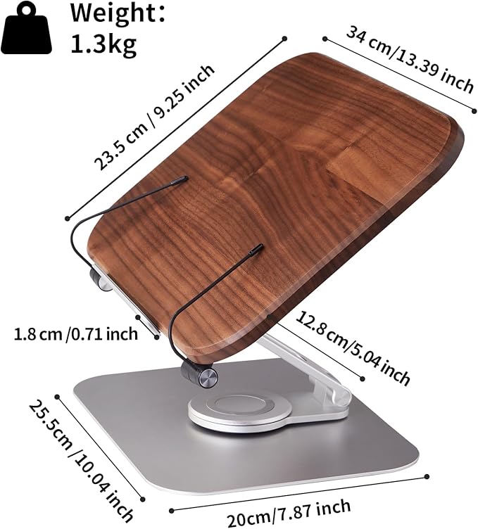 Book Stand for Reading, Mayhas Adjustable Book Holder with 360° Swivel Base&Page Clips, Foldable Desktop Stand for Cookbook, Fits All Books (Walnut, Aluminum Base)