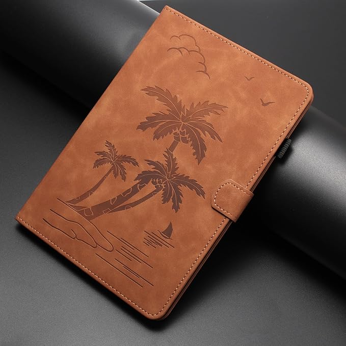 Case for Samsung Galaxy Tab A9 Plus 11 Inch 2023 2024 SM-X210/X216/X218, PU Suede Leather Stand,Coconut Tree Embossed Cover for Galaxy Tab A9+/A9 Plus, with Card Holder & Auto Sleep/Wake,Brown