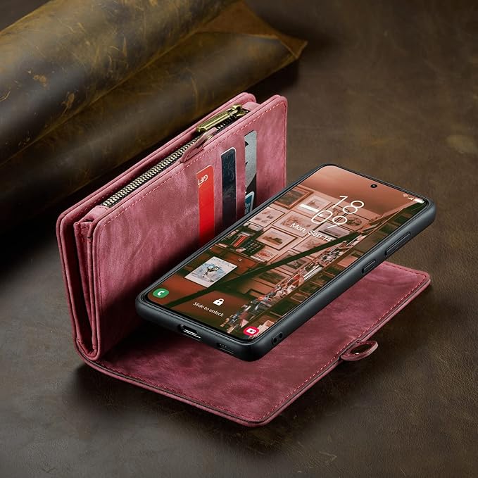 SZHAIYU 2 in 1 Detachable for Samsung Galaxy S23+ / S23 Plus Wallet Case with Card Holder, Retro Premium Flip Leather Cover Magnetic Zipper Pocket Phone Cases 6.6'' (Red,S23+/S23 Plus)