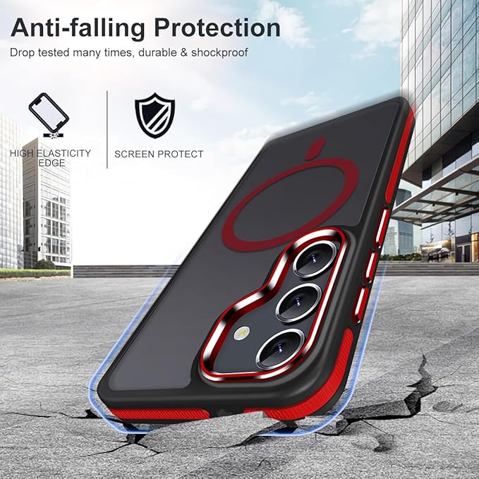 Magnetic Designed for Samsung Galaxy S24 Case 6.2" Compatible with MagSafe, Anti-Slip Edge Military Grade Drop Tested Hard Back Protective Translucent Case for Samsung S24 Case (Black/Red)