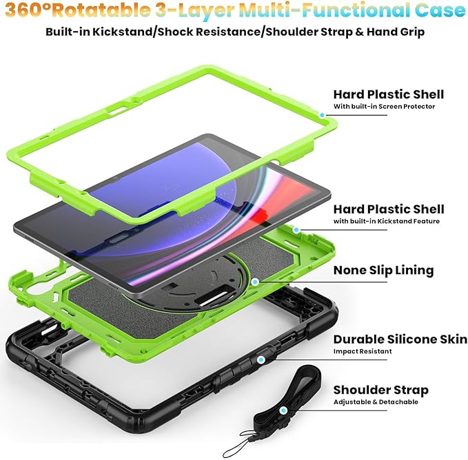 Herize Case Compatible with Samsung Galaxy Tab S10 FE / S9 FE 10.9 inch with Screen Protector Pen Holder | Full-Body Silicone Protective Case W/360 Rotating Hand Strap Shoulder Strap