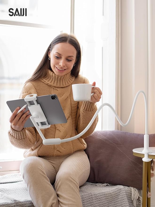 SAIJI Gooseneck Tablet Holder for Bed, One-Hand Adjustable, 47" Length, Upgraded Base, iPad Holder Stand Flexible Lazy Arm, Compatible with iPad/iPhone/Kindle/Switch or Other 4.7-13" Device (White)