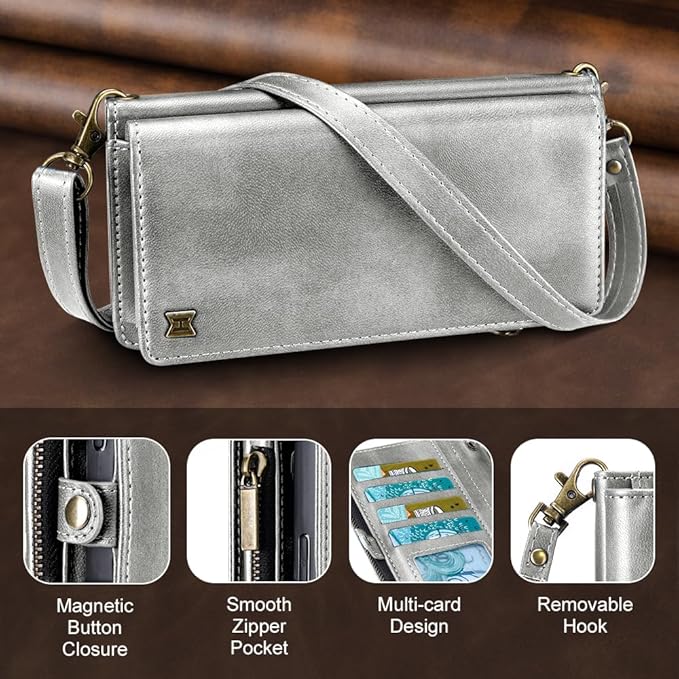 for iPhone 17 Wallet Phone Case with 7 Card Holder,RFID Blocking | PU Leather | Kickstand | Flip | Wrist Strap&Shoulder Strap | Shockproof | Zipper Wallet | Women Men | 6.3" | Silvery