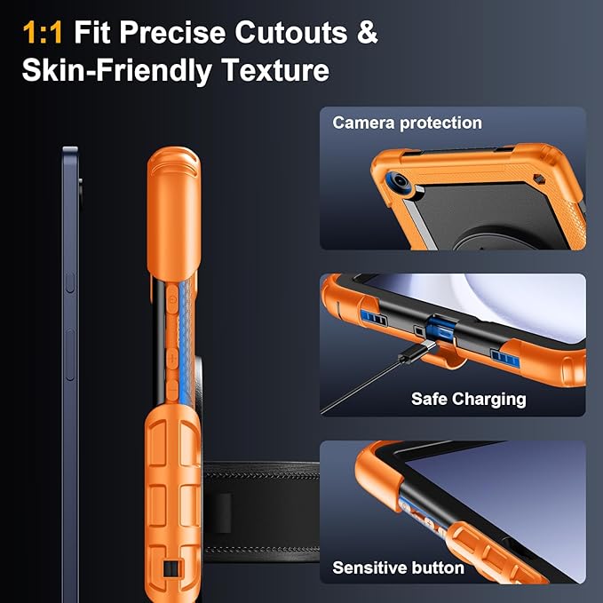 Case for Samsung Galaxy Tab A9+/A9 Plus 11 Inch 2023(SM-X210/X216/X218), Ubearkk Full-Body Drop Protection Case with Screen Protector, 360° Rotating Stand and Hand/Shoulder Strap, Orange