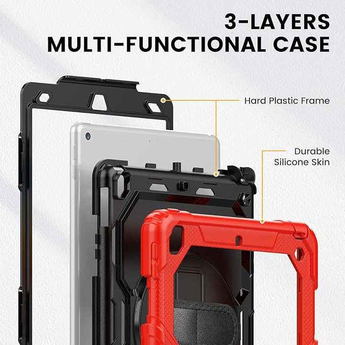 Timecity Case for iPad 9th/ 8th/ 7th Generation 10.2 inch - Heavy Duty Protective Cover with Screen Protector, Rotating Stand, Shoulder Strap & Pencil Holder | Kids-Friendly (Red)