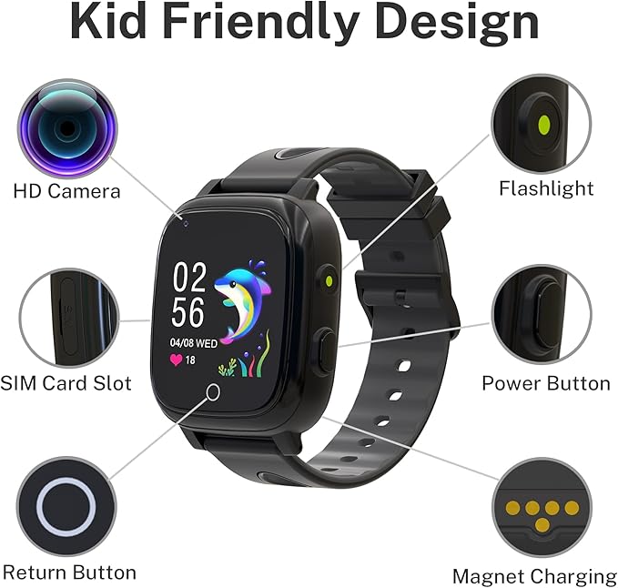 4G Kids Smart Watch with GPS Tracker, Kids Smart Watch Boys with Video Call Alarm SOS Camera Pedometer Stopwatch Caculator Flashlight GPS Watch for Kid Age 5-12