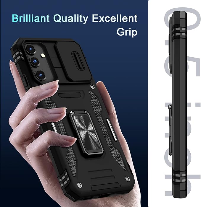 DEERLAMN Case for Samsung Galaxy S24+ Plus with Slide Camera Cover+Screen Protector (1 Pack), Rotated Ring Kickstand Military Grade Shockproof Protective Cover-Black