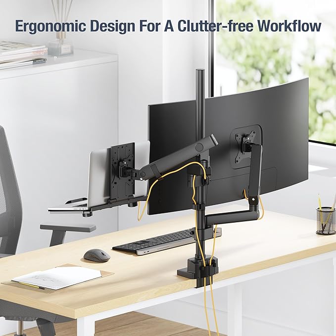 AVLT Laptop & 40 Inch Monitor Arm Pole Top Mount With USB-C USB-A Ports-Black, VESA Compatible, Supports 26.4 lbs (12 kg), Ultrawide Screen Fit, Adjustable Height, Tilt Swivel Rotate, Cable Management