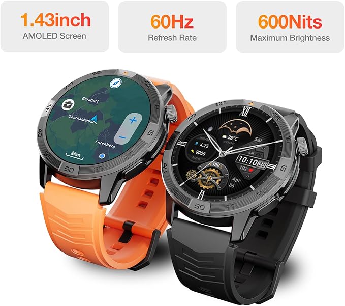 AGM Legion Pro Smart Watch with Offline Maps, Bluetooth Calling, AMOLED Gorilla Glass Display, Advanced Health Tracking, Gyroscope, DIY Dial, 5 ATM & IP69 Multisport GPS Fitness Watch, 2 Stylish Bands