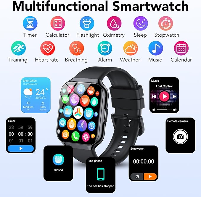 Smart Watch for Men Women, 1.96" HD Fitness Watch with Bluetooth Call, Smartwatch with 112+ Sport Modes/Heart Rate/Sleep Monitor/Pedometer, IP68 Waterproof Watch Compatible with Android/iOS, Black