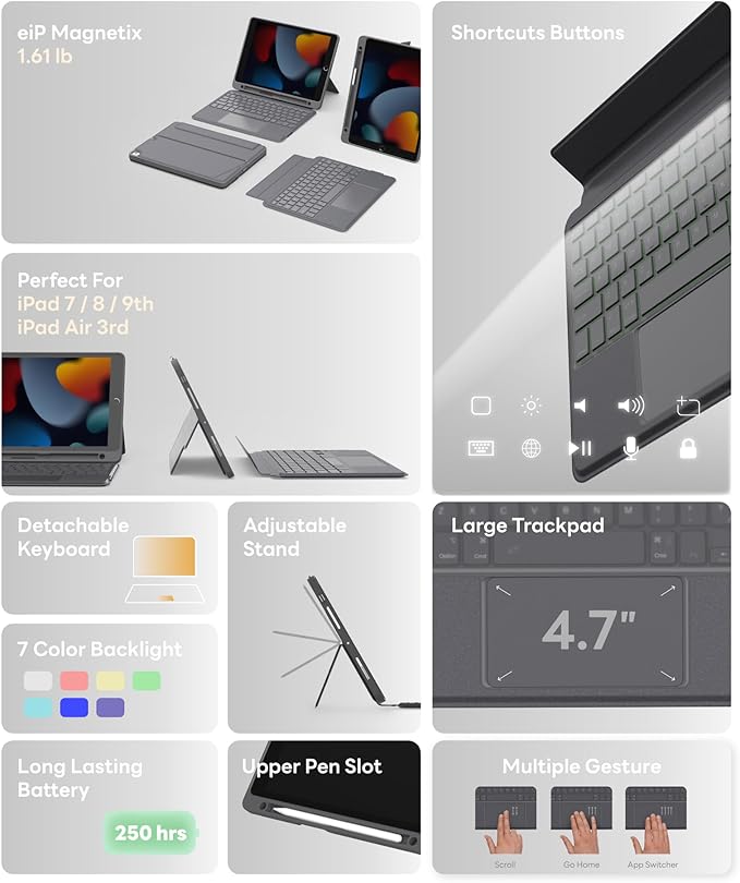 EIP Bluetooth Keyboard Case for iPad 10.2 inch (7th/8th/9th Gen) & iPad Air 10.5 inch (3rd Gen), 10.2 "Magnetic Detachable Cover with Trackpad, 7-Color Backlit Keys, Slim Protective Smart Case