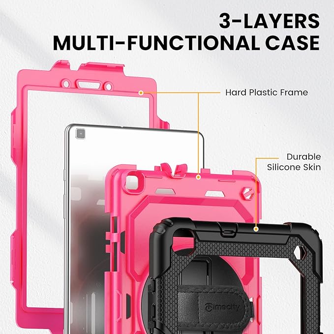 Timecity Case Compatible with Galaxy Tab A 8.0" 2019 SM-T290/T295/T297, with Built-in Screen Protector&360 Degree Swivel Stand&Hand Strap&Shoulder Strap Protective Case for Tab A 8.0 2019-Rose