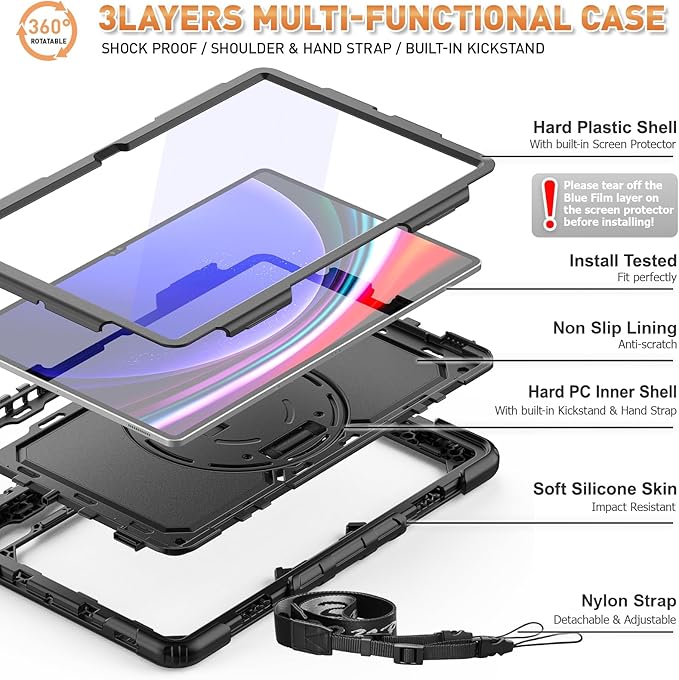 Timecity Case for Samsung Galaxy Tab S10 Ultra/ S9 Ultra/ S8 Ultra Tablet Case 14.6''- Heavy Duty Protective Cover with Screen Protector, Stand, Shoulder Strap & S Pen Holder | Kids-Friendly, Black