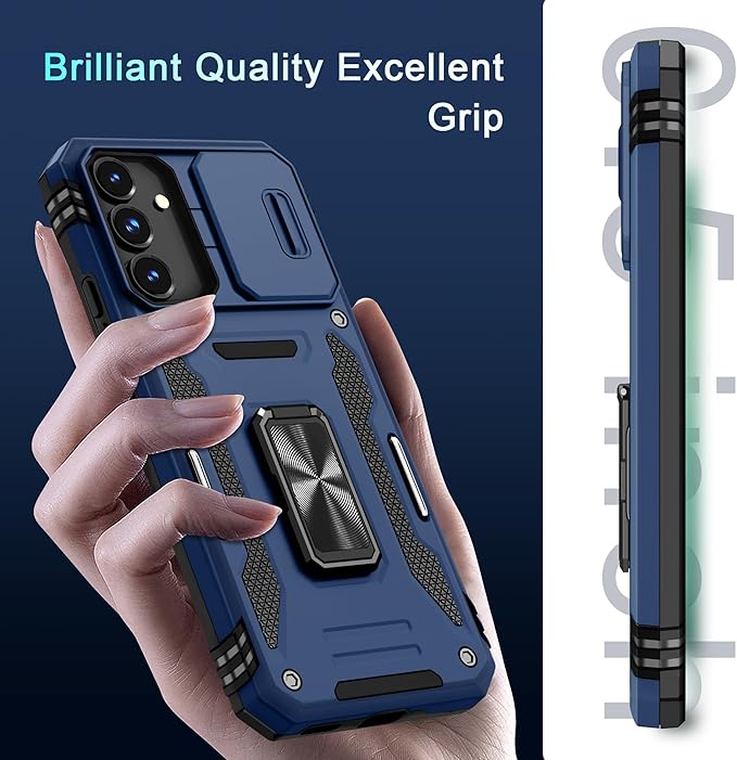DEERLAMN Case for Samsung Galaxy S25 6.2-Inch with Slide Camera Cover+Screen Protector (1 Pack), Rotated Ring Kickstand Military Grade Shockproof Protective Cover-Navy Blue