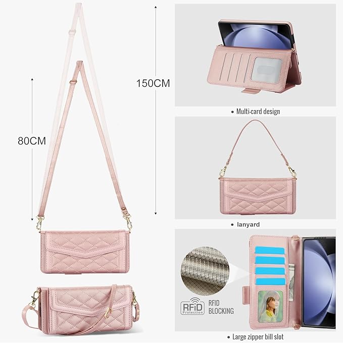 for Samsung Galaxy Z Fold 7 Wallet Case - Stitching Pattern RFID Blocking Card Holder, S Pen Slot Crossbody Strap, Full Body Protection Flip Cover for Women Rose Gold
