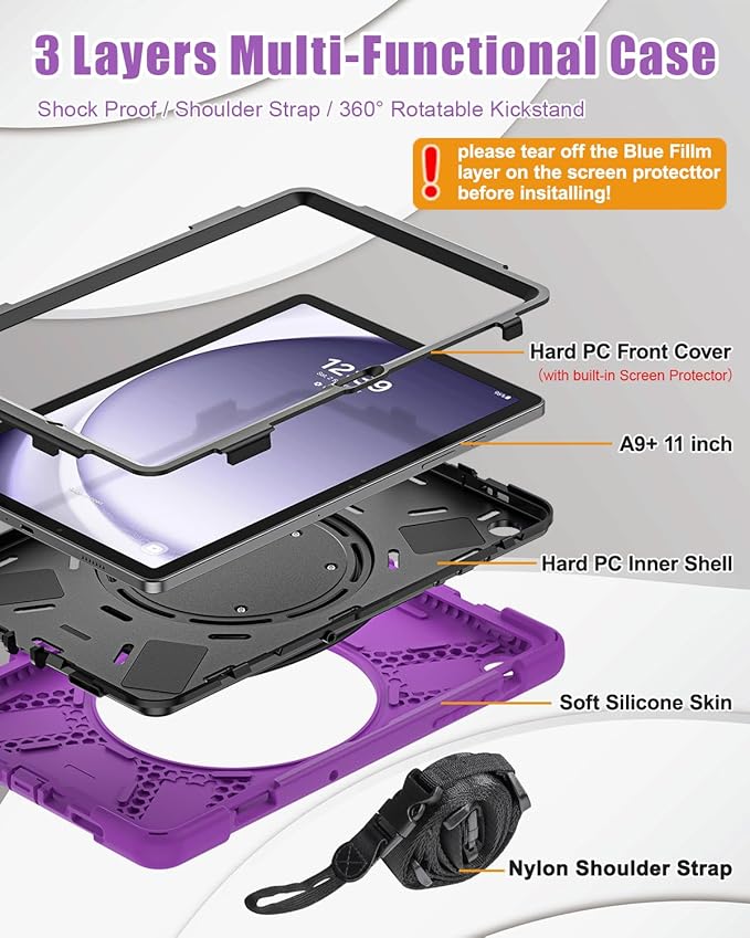 BRAECN Case for Samsung Galaxy Tab A9+/ A9 Plus 11 Inch 2023 SM-X210/X216/X218 with Screen Protector, Rotating Handle Grip, Shoulder Strap, Silicone Heavy Duty Case for Galaxy A9 Plus Tablet, Purple