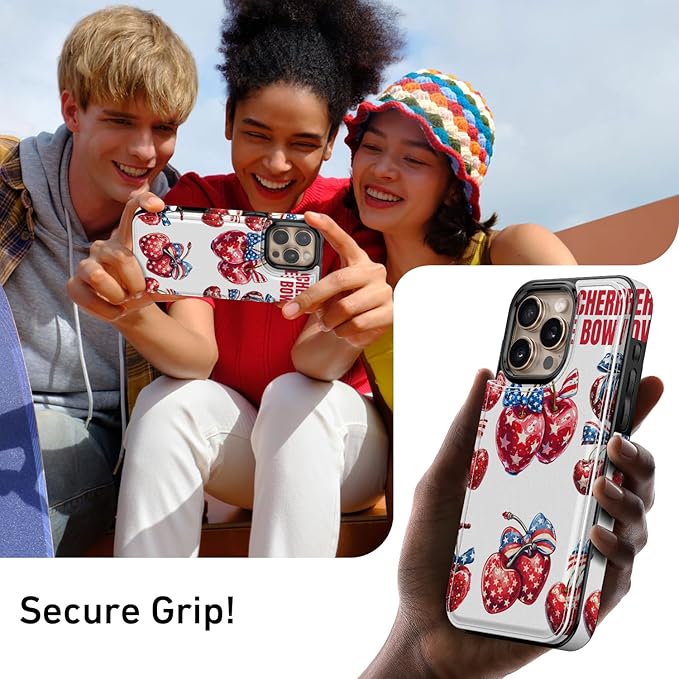 FUNMIKO for iPhone 16 Pro Wallet Case with Card Holder, RFID-Blocking, Military-Grade Protection & UV-Printed Artwork, Magnetic Closure with Leather Kickstand - Cherries with Bow