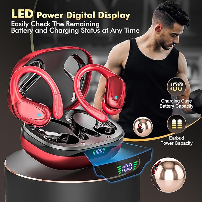 Wireless Earbuds, Sports Bluetooth Headphones, 80Hrs Playtime Ear Buds with LED Power Display, Noise Canceling Headset, IPX7 Waterproof Earphones for Workout/Running (Red)